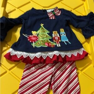 Rare Editions Navy and Red Holiday Top and Striped Pants Set